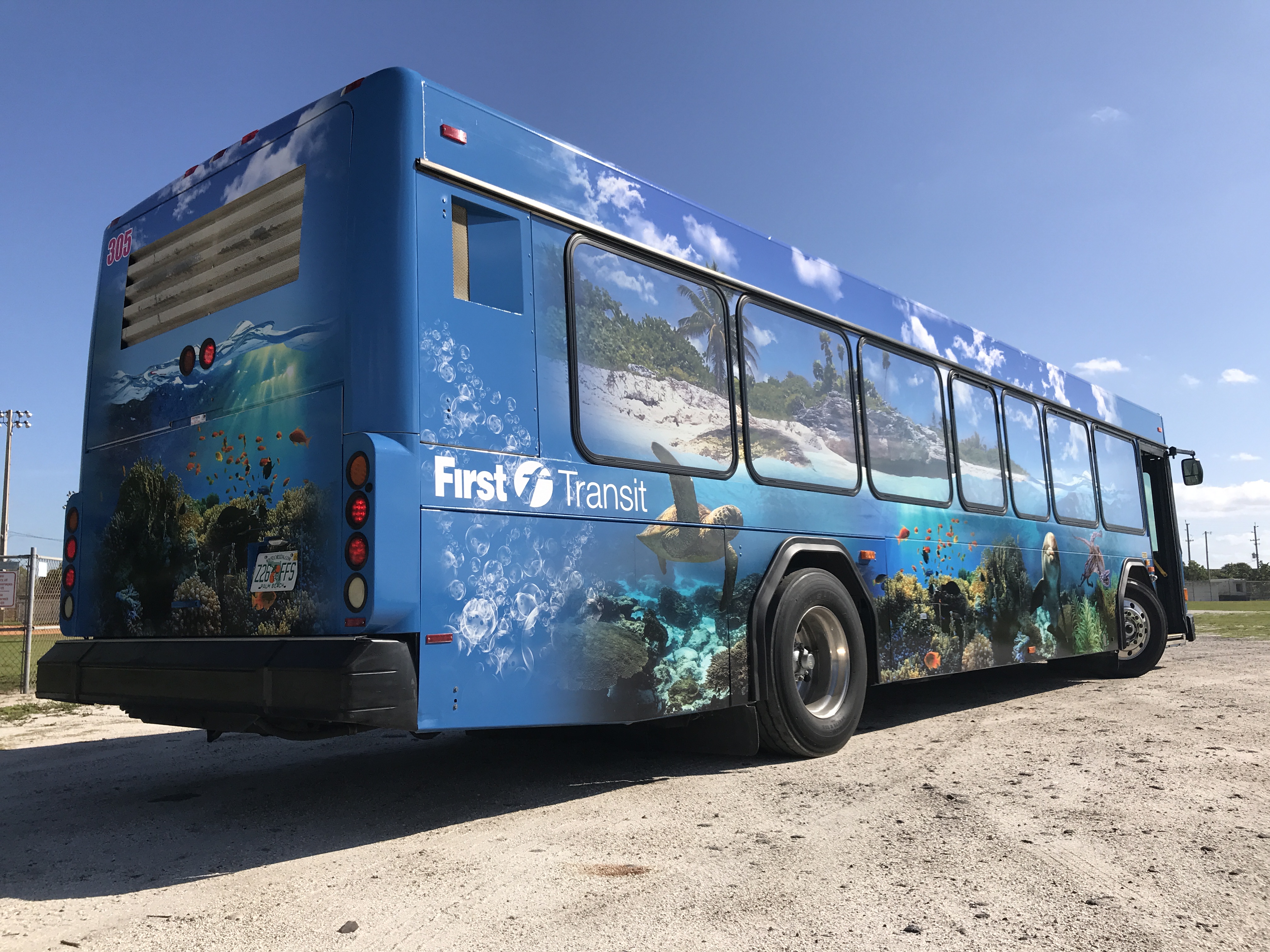A blue bus with vibrant ocean-themed artwork featuring coral reefs, fish, and a turtle, parked on a dirt surface under a clear blue sky. 